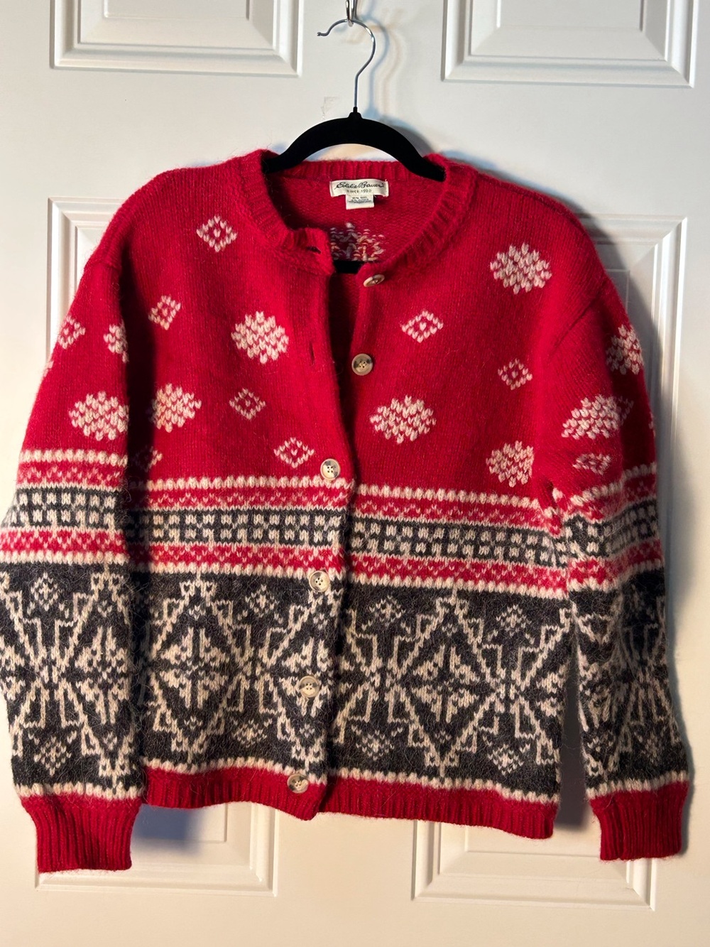 Vintage Eddie Bauer Red White Gray Fair Isle Wool Alpaca Cardigan MP Festive